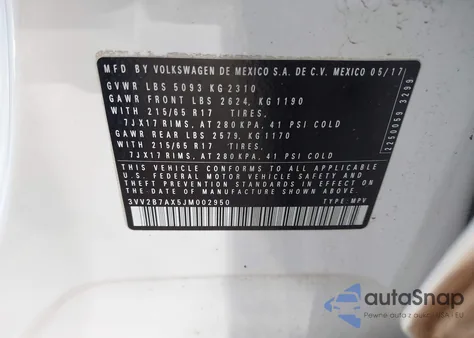 2018 Volkswagen Tiguan 2.0T Se/2.0T Sel z USA, uszkodzony, nr VIN 3VV2B7AX5JM002950